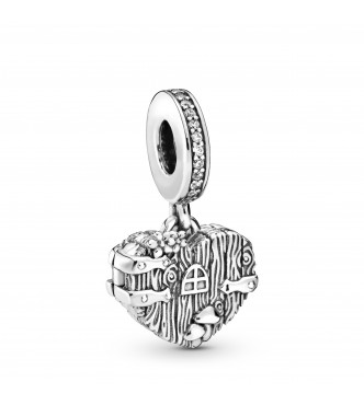 PANDORA Wooden heart door openable sterling silver dangle with clear cubic zirconia