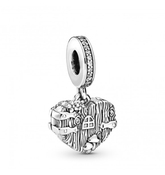 PANDORA Wooden heart door openable sterling silver dangle with clear cubic zirconia