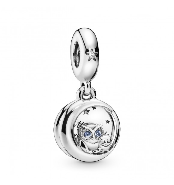 PANDORA Owl sterling silver dangle with bright cobalt blue crystal and clear cubic zirconia