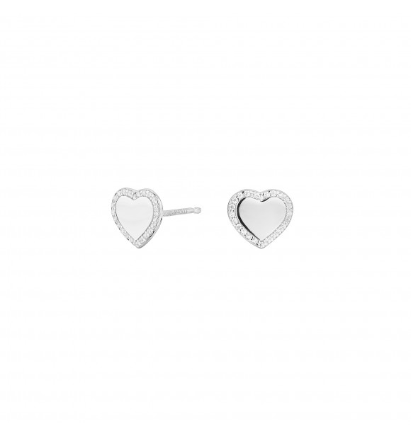 Pendiente de botón de plata con circonitas con forma de corazón